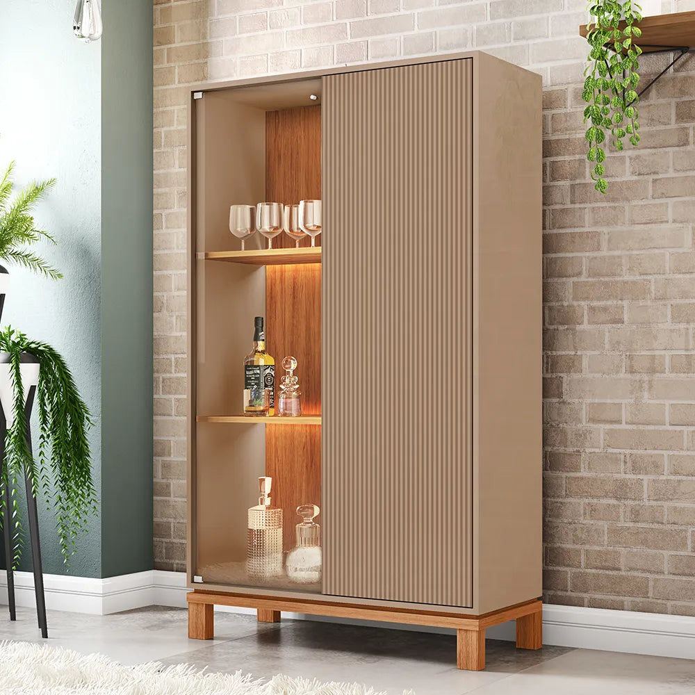 Cristaleira 2 Portas com Vidro e LED Capri 90 cm - Fendi c/ Natural