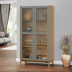 Cristaleira Madeira Maciça 2 Portas com Vidro Canelado Amsterdã 100 cm - Natural c/ Verde