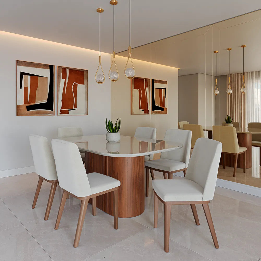 Mesa de Jantar Retangular c/ Vidro para 6 Lugares Kalina 160 cm - Off White Fosco c/ Canella