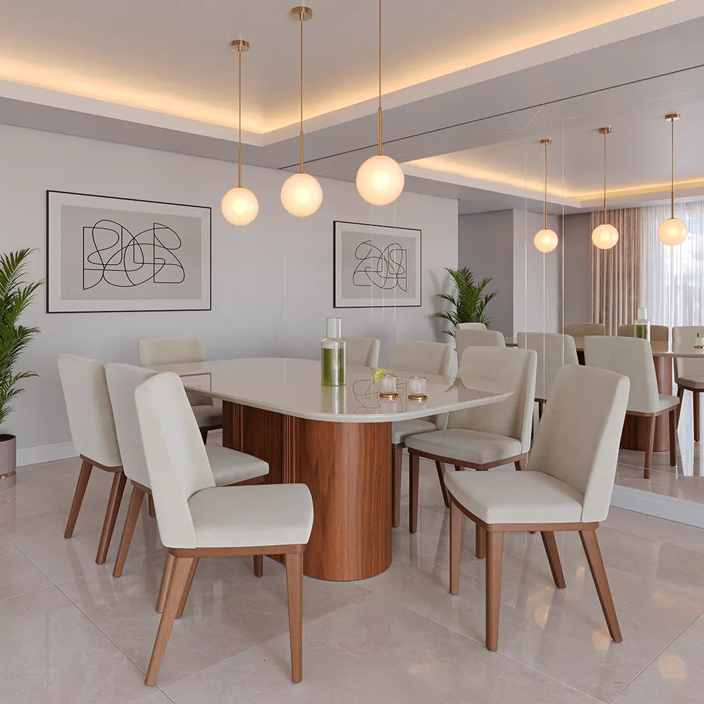 Mesa de Jantar Retangular c/ Vidro para 6 Lugares Kalina 180 cm - Off White Fosco c/ Canella