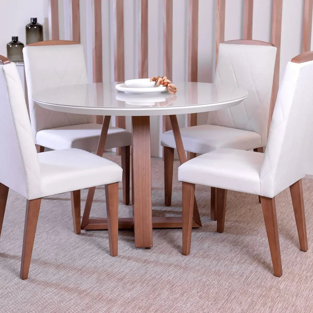 Mesa de Jantar Redonda c/ Vidro para 4 Lugares Bennett 115 cm - Natural c/ Off White