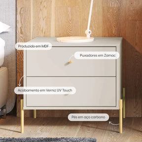 Conjunto 2 Mesas de Cabeceira com 2 Gavetas Jasper 64 cm - Off White Fosco c/ Dourado