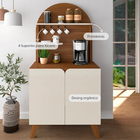 Buffet 2 Portas com Suporte de Xícaras para Sala e Cozinha Siena 80 cm - Natural c/ Off White