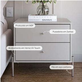 Conjunto 2 Mesas de Cabeceira e Cômoda 6 Gavetas Jasper - Off White Fosco c/ Champanhe