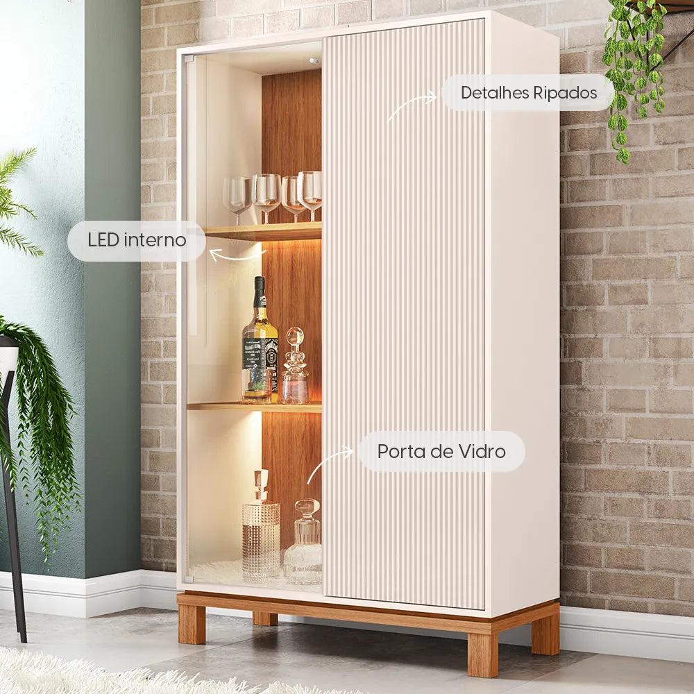 Cristaleira 2 Portas com Vidro e LED Capri 90 cm - Off White c/ Natural