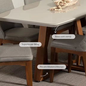 Mesa de Jantar Retangular c/ Vidro para 6 Lugares Bennett 180 cm - Natural c/ Off White