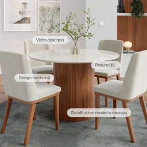 Mesa de Jantar Redonda c/ Vidro para 4 Lugares Kalina 115 cm - Off White Fosco c/ Canella