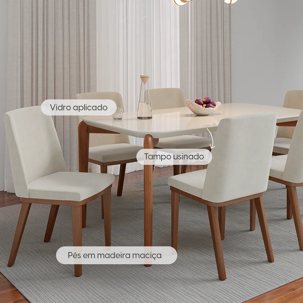 Mesa de Jantar Retangular c/ Vidro para 6 Lugares Donatella 160 cm - Off White Fosco c/ Natural