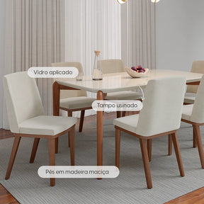 Mesa de Jantar Retangular c/ Vidro para 6 Lugares Donatella 180 cm - Off White Fosco c/ Natural