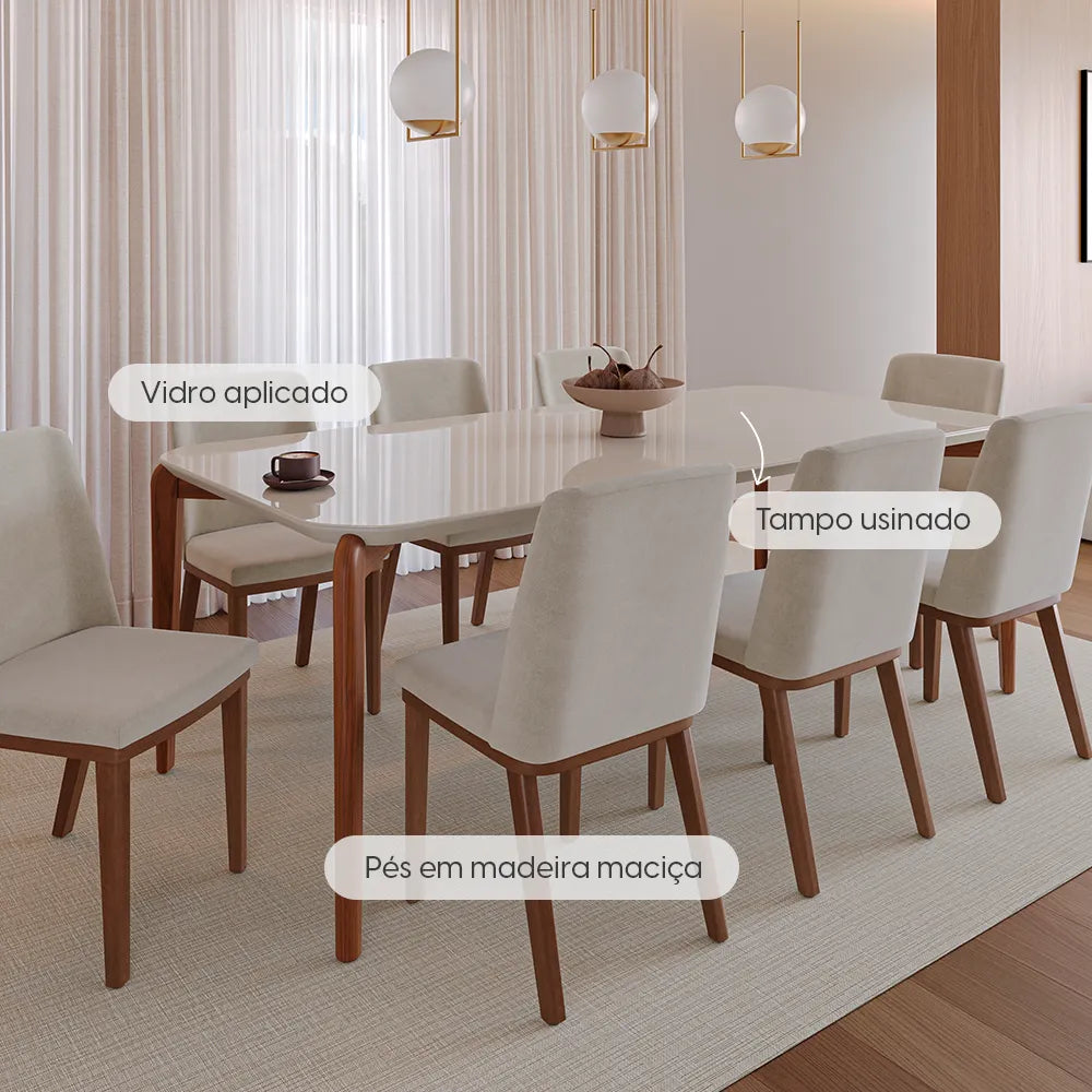Mesa de Jantar Retangular c/ Vidro para 8 Lugares Donatella 219 cm - Off White Fosco c/ Natural