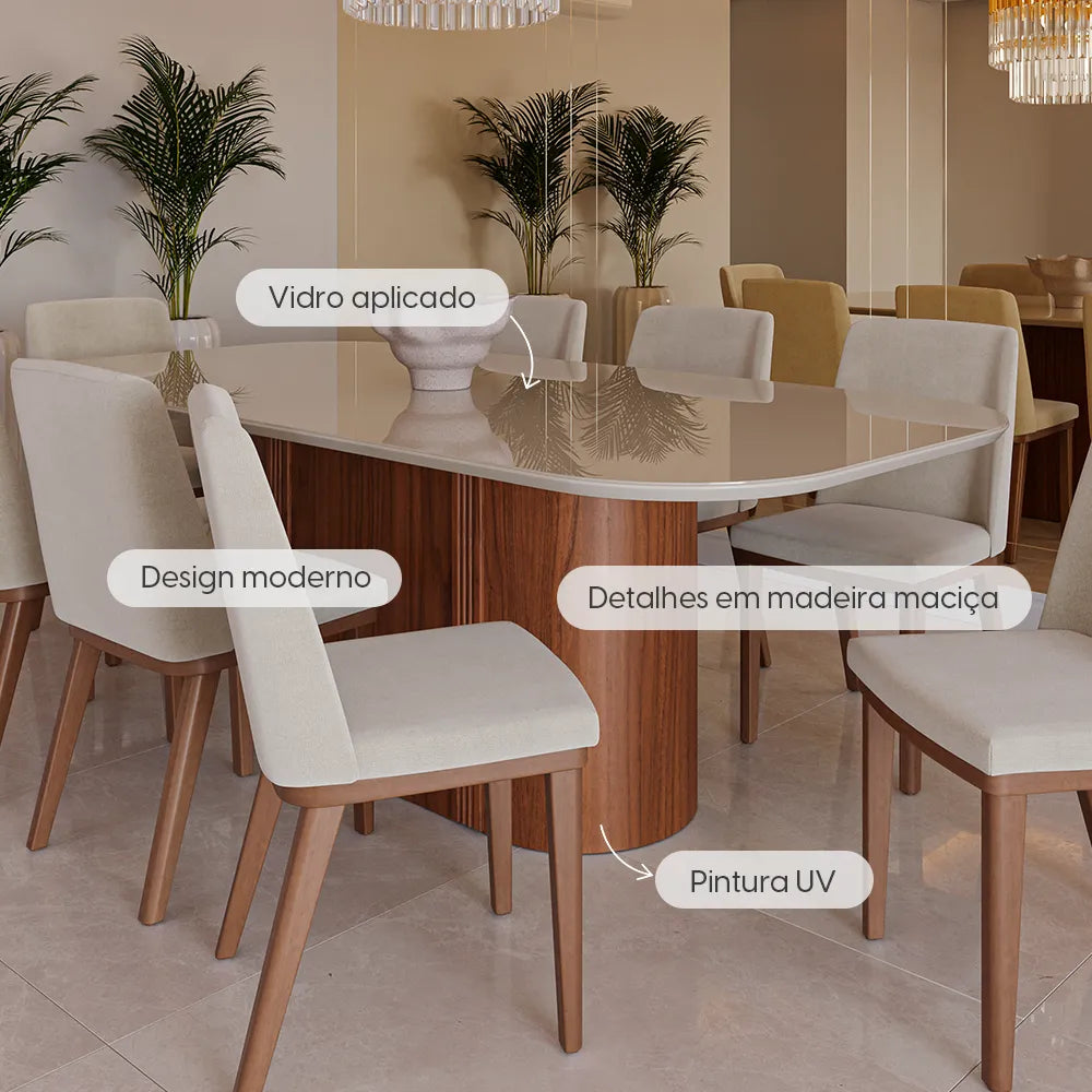 Mesa de Jantar Retangular c/ Vidro para 8 Lugares Kalina 219 cm - Off White Fosco c/ Canella