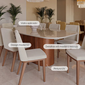 Mesa de Jantar Retangular c/ Vidro para 8 Lugares Kalina 219 cm - Off White Fosco c/ Canella