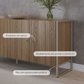 Balcão Buffet 4 Portas Aço com MDF Voss 146 cm - Freijó c/ Champanhe