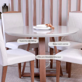 Mesa de Jantar Redonda c/ Vidro para 4 Lugares Bennett 115 cm - Natural c/ Off White