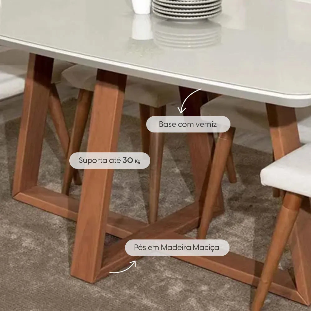 Mesa de Jantar Retangular c/ Vidro para 6 Lugares Bennett 160 cm - Natural c/ Off White