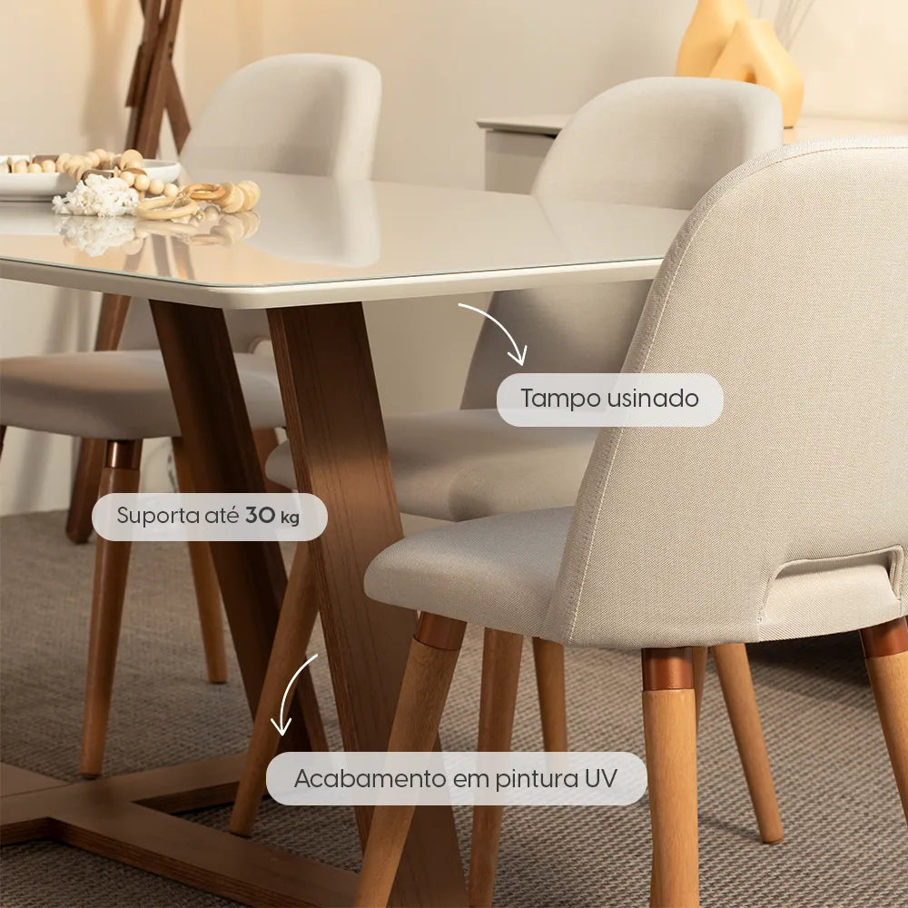 Mesa de Jantar Retangular c/ Vidro para 4 Lugares Avena 135 cm - Canella c/ Off White Fosco