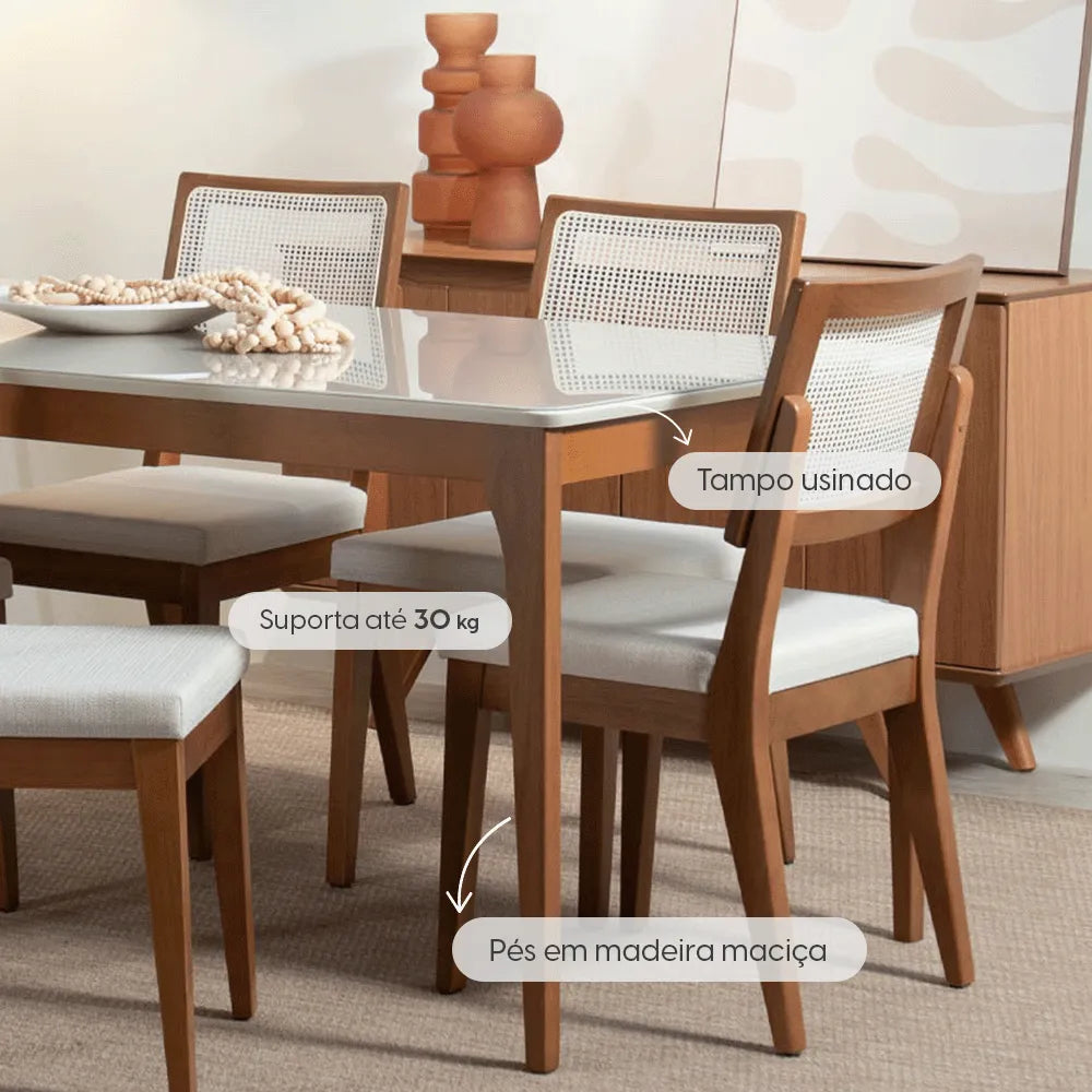 Mesa de Jantar Retangular c/ Vidro para 6 Lugares Ella 160 cm - Natural c/ Off White Fosco