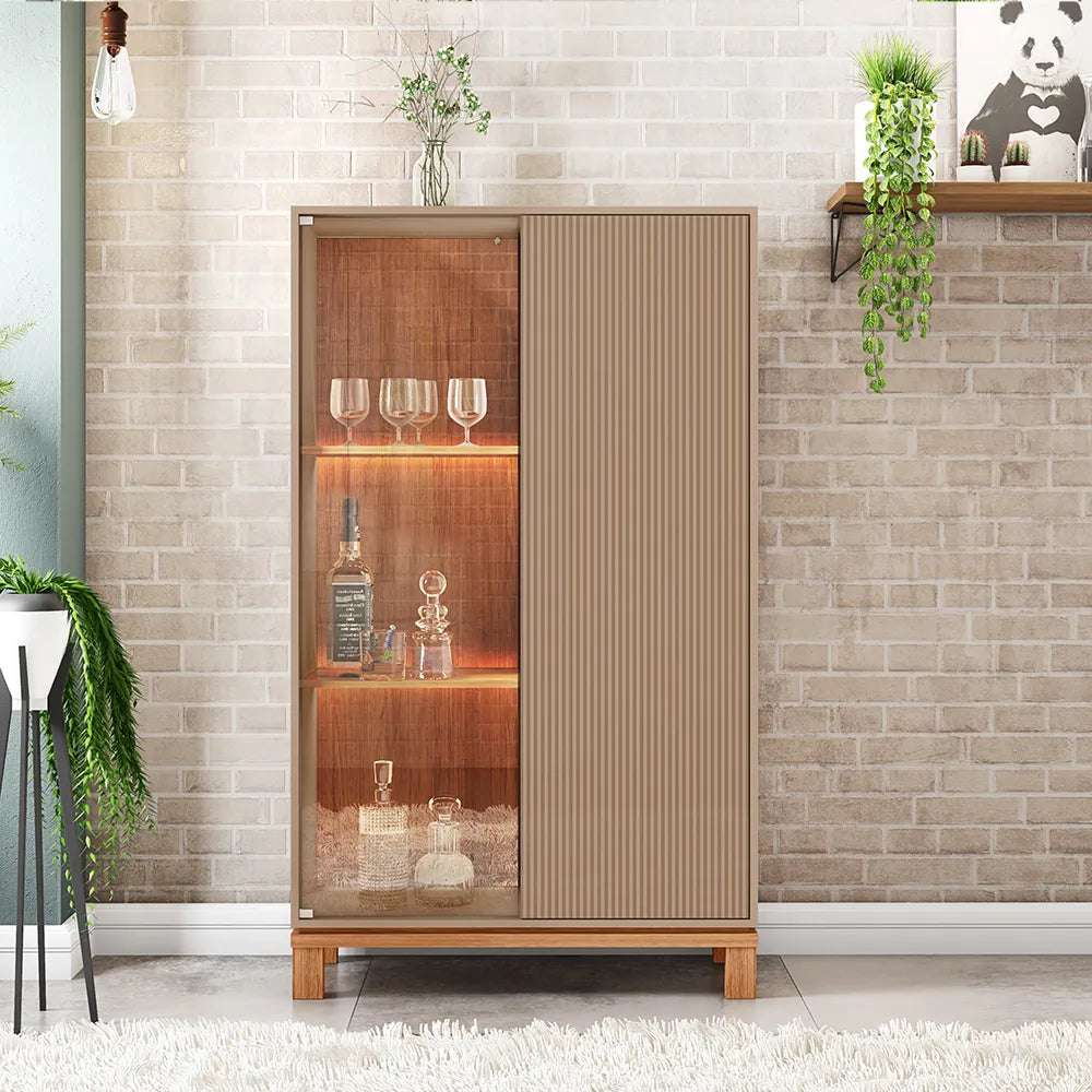 Cristaleira 2 Portas com Vidro e LED Capri 90 cm - Fendi c/ Natural