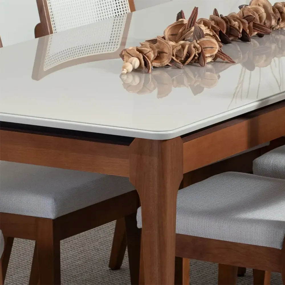 Mesa de Jantar Retangular c/ Vidro para 6 Lugares Addar 160 cm - Natural c/ Off White