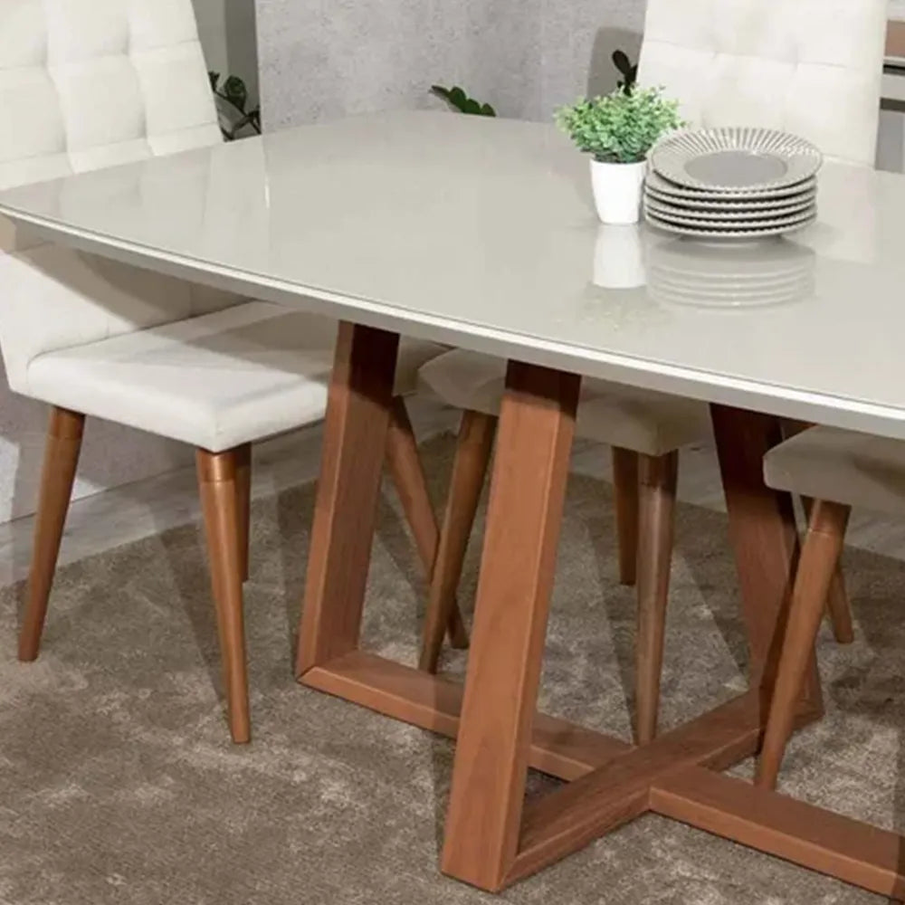 Mesa de Jantar Retangular c/ Vidro para 6 Lugares Bennett 160 cm - Natural c/ Off White