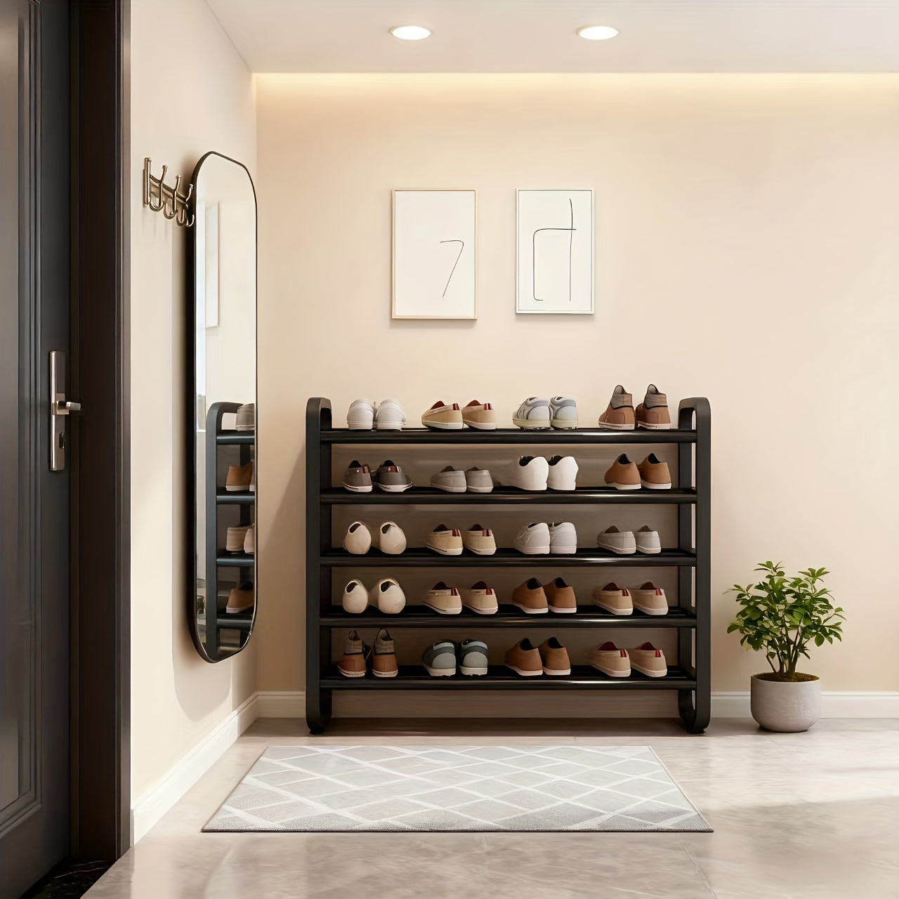 Durable 5-Tier Shoe Rack, Space-Saving Narrow Design, Multi-Layer Iron Craftsmanship Metal and Plastic, No Wood, Floor Mount, Electricity-Free Use, For Entryway and Dorm Storage, Living Room Compatible