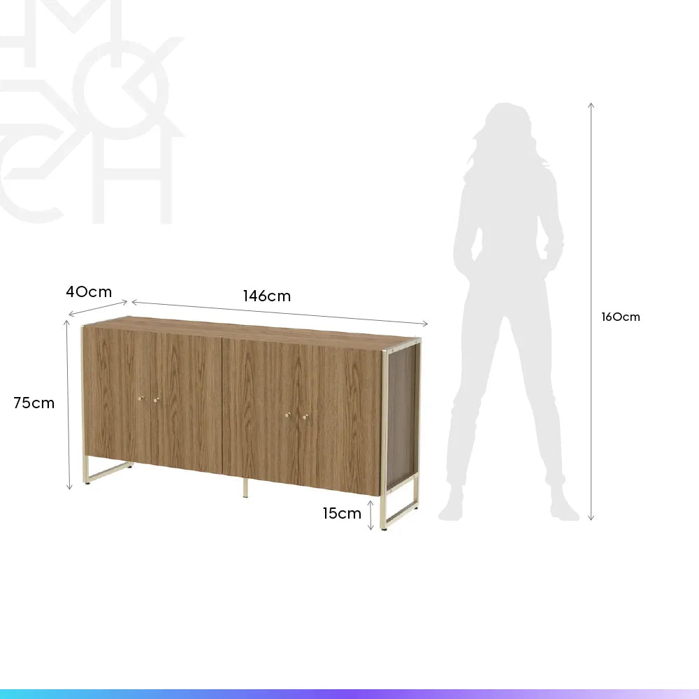 Balcão Buffet 4 Portas Aço com MDF Voss 146 cm - Freijó c/ Champanhe