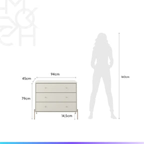 Conjunto 2 Mesas de Cabeceira e Cômoda 3 Gavetas Jasper - Off White Fosco c/ Champanhe