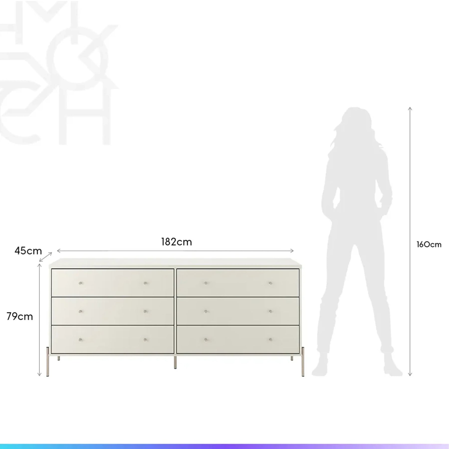 Conjunto 2 Mesas de Cabeceira e Cômoda 6 Gavetas Jasper - Off White Fosco c/ Champanhe