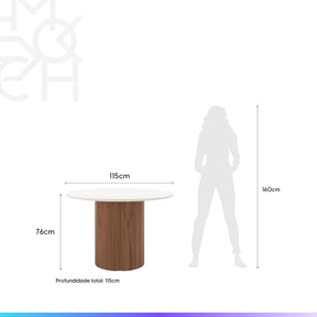 Mesa de Jantar Redonda c/ Vidro para 4 Lugares Kalina 115 cm - Off White Fosco c/ Canella