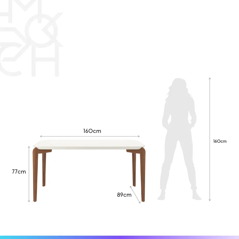 Mesa de Jantar Retangular c/ Vidro para 6 Lugares Donatella 160 cm - Off White Fosco c/ Natural