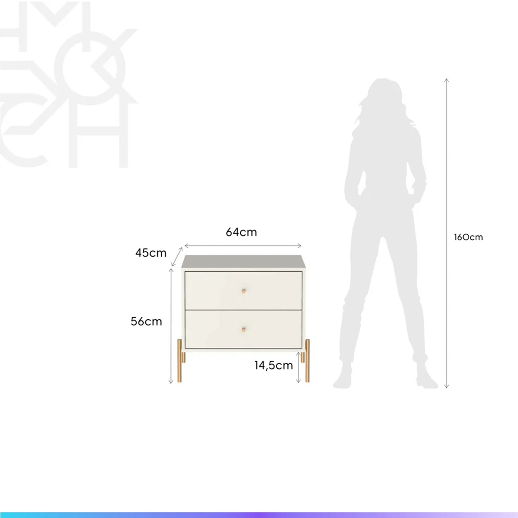 Conjunto 2 Mesas de Cabeceira e Cômoda 3 Gavetas Jasper - Off White Fosco c/ Dourado