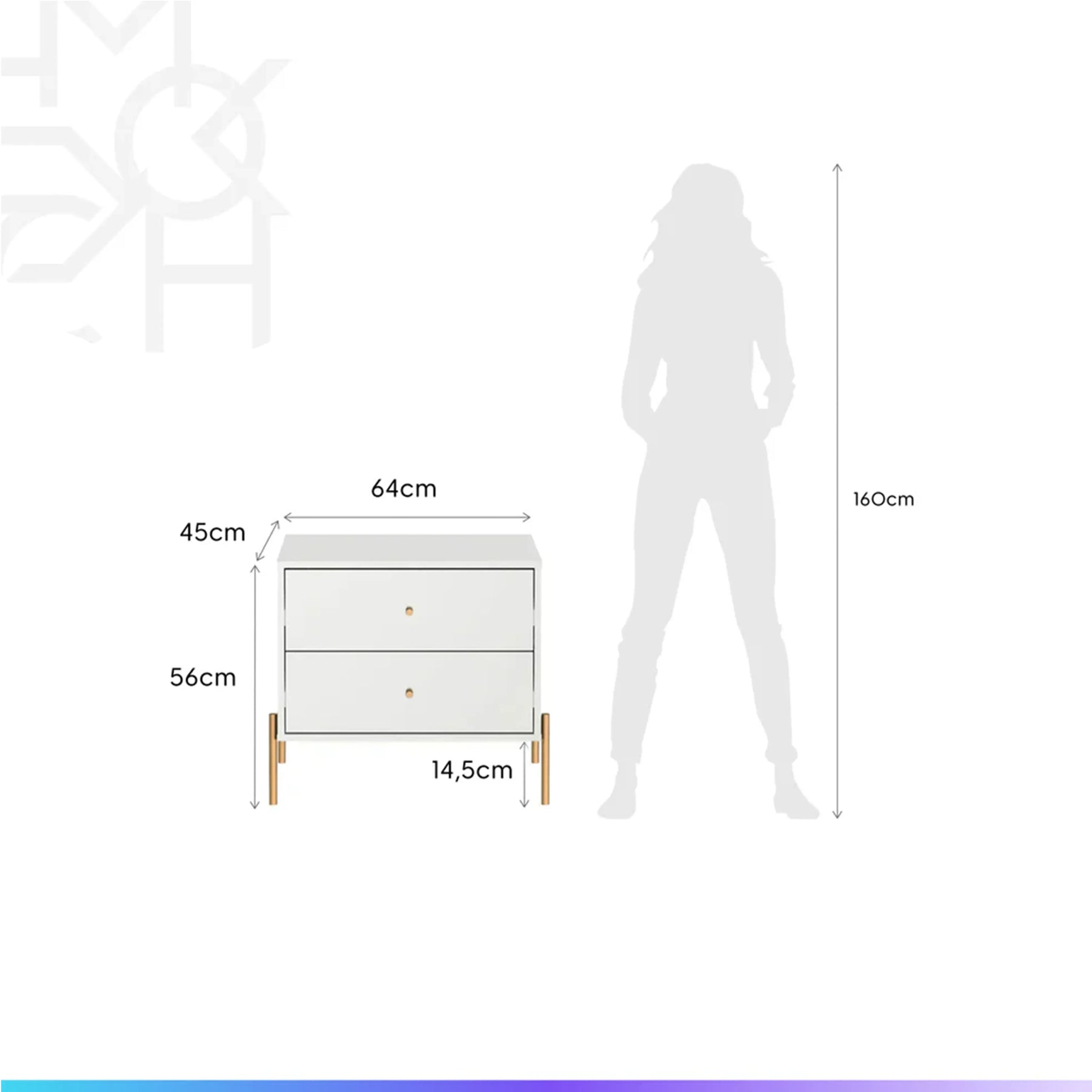 Conjunto 2 Mesas de Cabeceira e Cômoda 6 Gavetas Jasper - Branco c/ Dourado