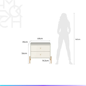 Conjunto 2 Mesas de Cabeceira e Cômoda 6 Gavetas Jasper - Off White Fosco c/ Dourado