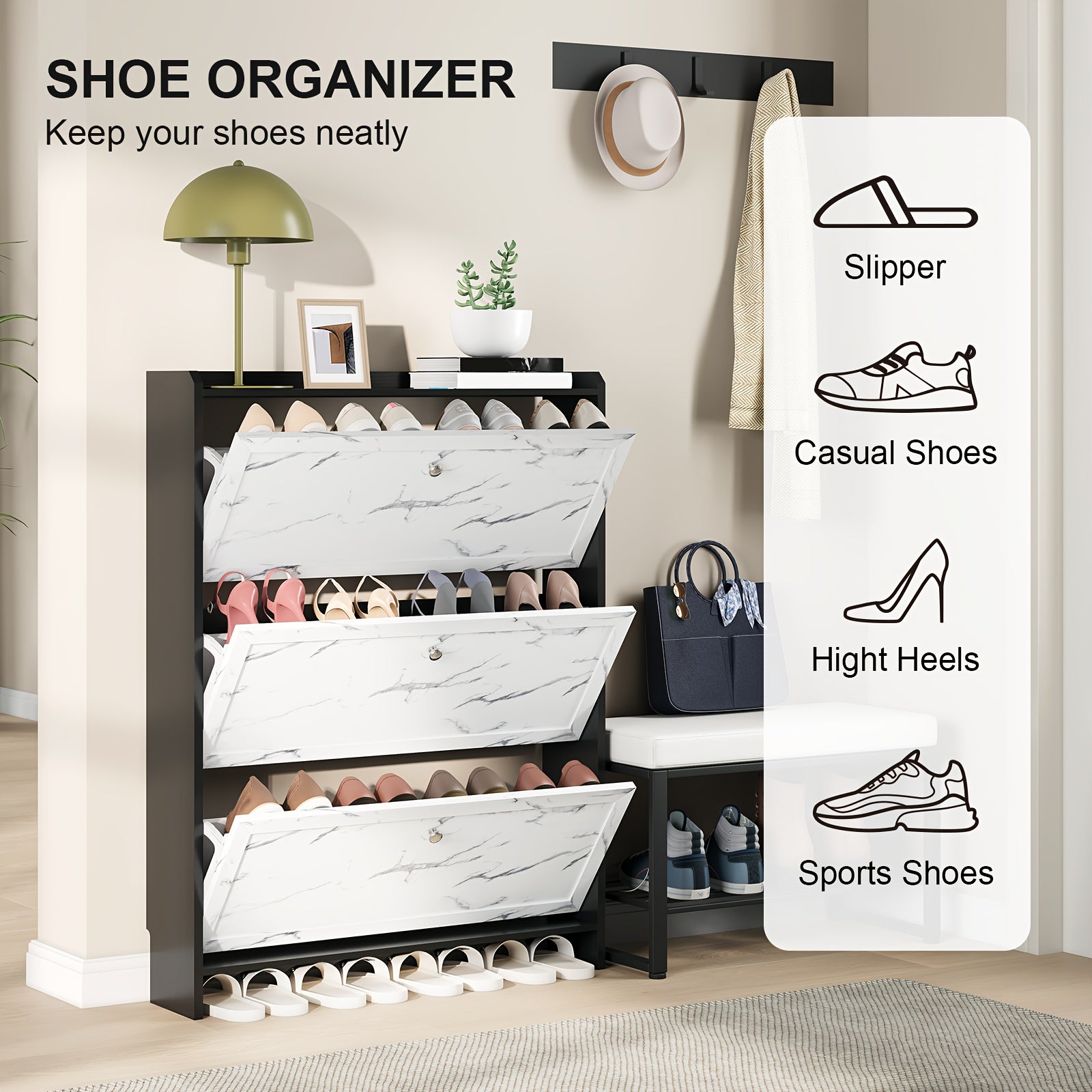 Sapateira com 3 Gavetas Basculantes e 2 Gavetas de Armazenamento + 1 Ano de Garantia