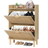 Extended Edition Shoe Cabinet With Natural Rattan Flip Drawers For Entryway, Free Standing 2 Tier Slim Shoe Organizer With Large Top Board, Shoe Cabinet With 3-Gear Adjustable Width Drawers