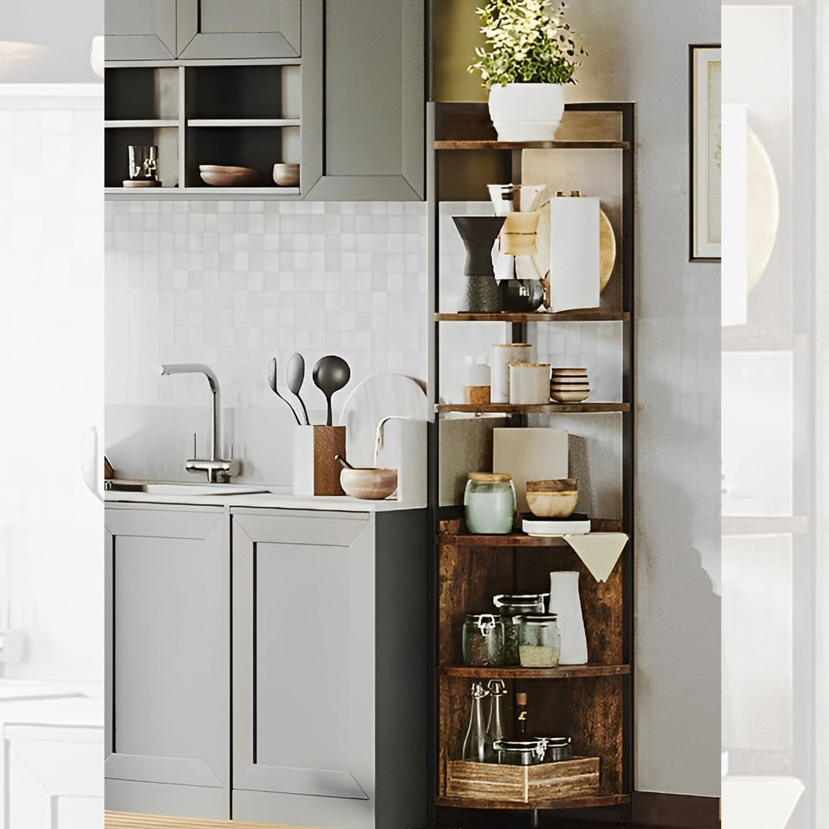 6-Tier Corner Shelf, 71 Inches Corner Bookshelf Multipurpose Storage, Corner Display Rack, Corner Shelf for Living Room, Home Office, Bedroom, Kitchen, Small Space Retro Brown