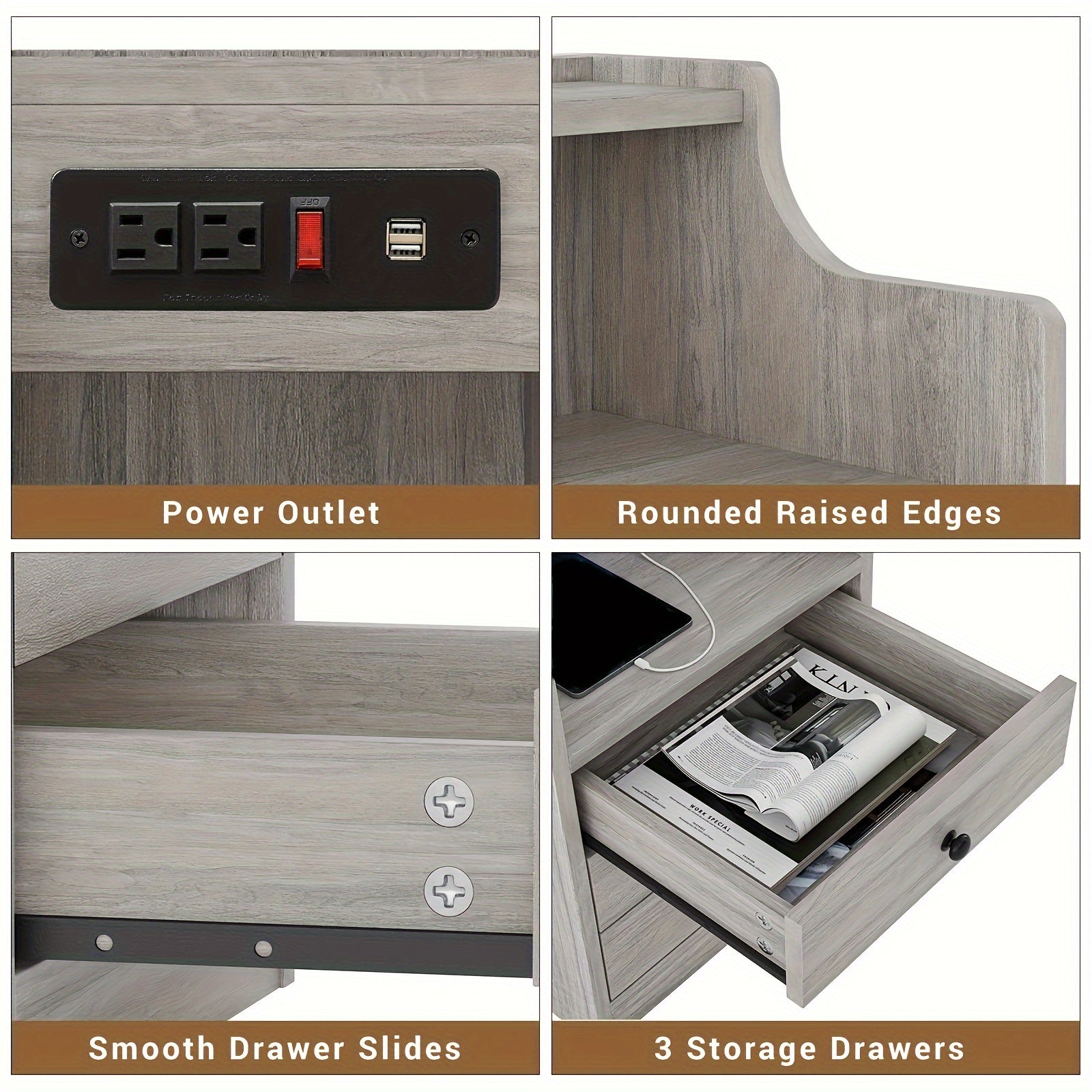 Modern Smart Nightstand with Charging Station (2 USB Ports & Outlets), Low- Compatible, 3-Drawer Hutch Bedside Table with Sliding & Open Storage, Grey -Standing Plug-in Power Outlet Converter for Bedroom/Office