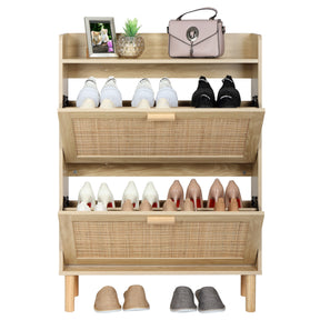 Extended Edition Shoe Cabinet With Natural Rattan Flip Drawers For Entryway, Free Standing 2 Tier Slim Shoe Organizer With Large Top Board, Shoe Cabinet With 3-Gear Adjustable Width Drawers