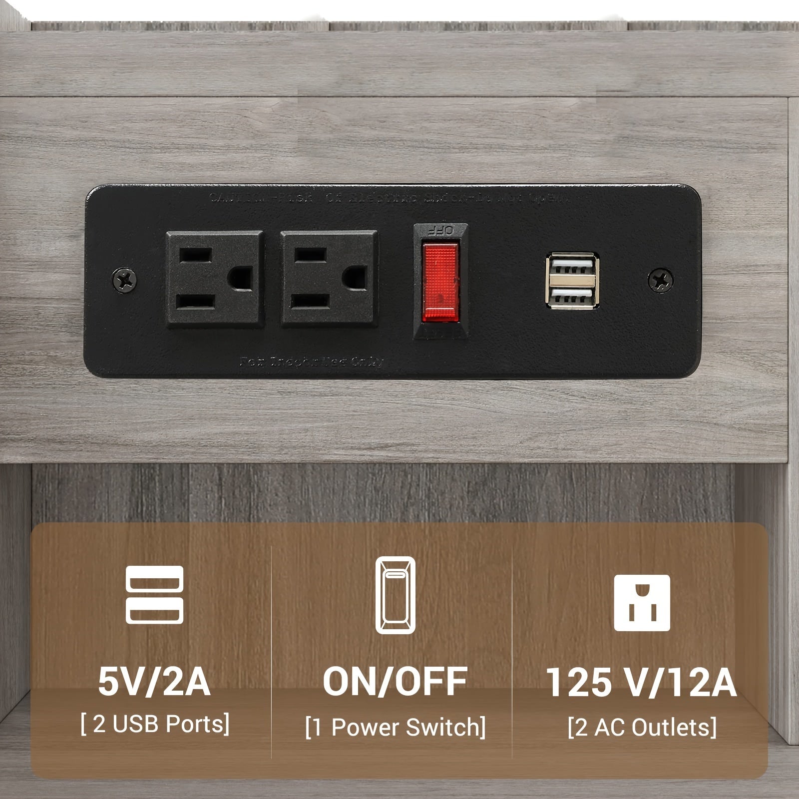 Modern Smart Nightstand with Charging Station (2 USB Ports & Outlets), Low- Compatible, 3-Drawer Hutch Bedside Table with Sliding & Open Storage, Grey -Standing Plug-in Power Outlet Converter for Bedroom/Office