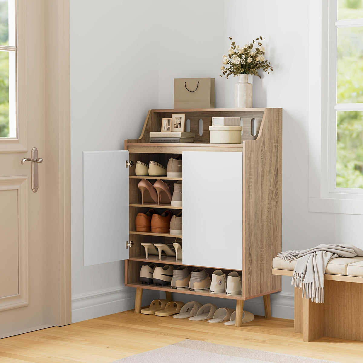 Eumyviv Shoe Cabinet, Free Standing Shoe Racks Storage Cabinet With 2 Doors And Open Shelf For Entryway GS005