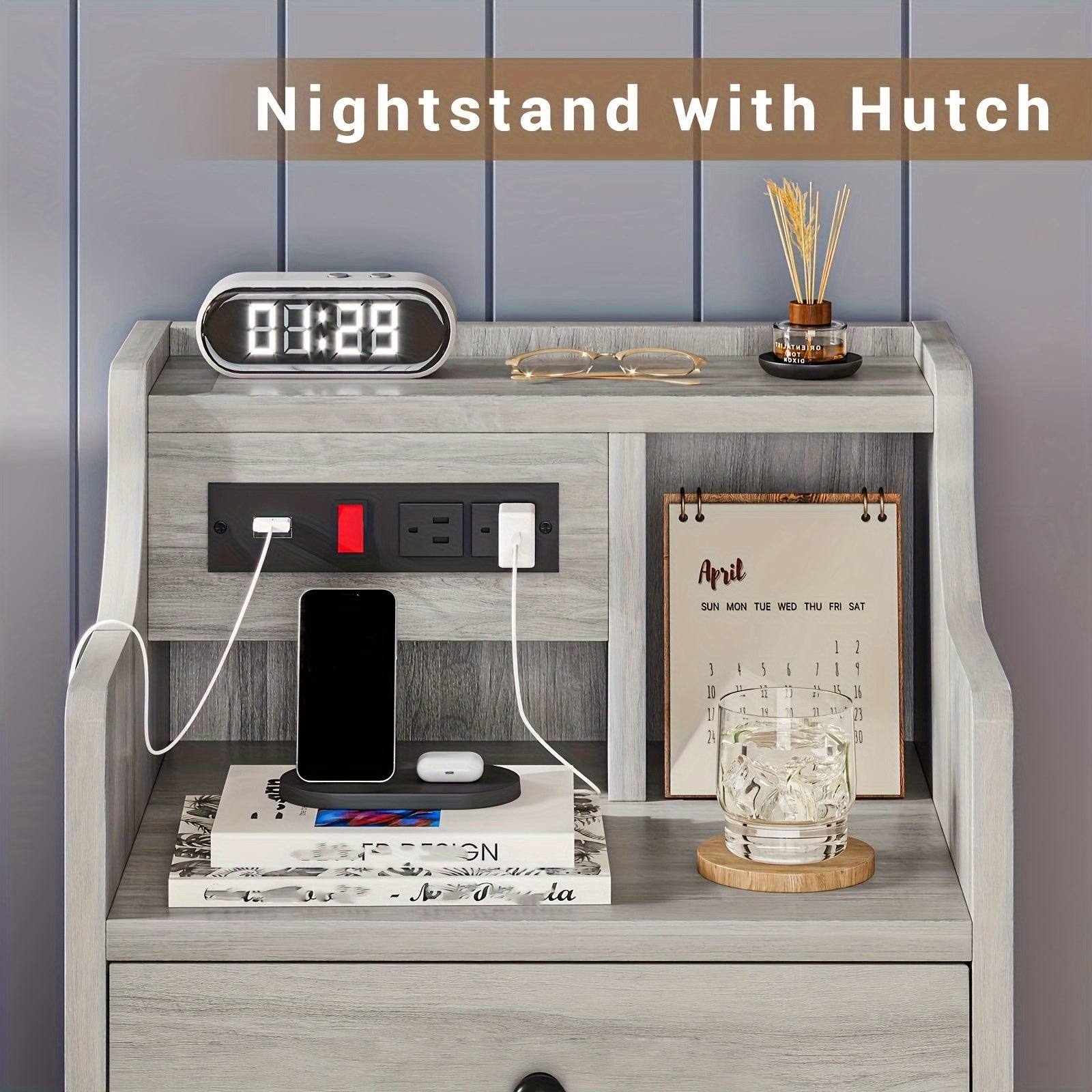 Modern Smart Nightstand with Charging Station (2 USB Ports & Outlets), Low- Compatible, 3-Drawer Hutch Bedside Table with Sliding & Open Storage, Grey -Standing Plug-in Power Outlet Converter for Bedroom/Office
