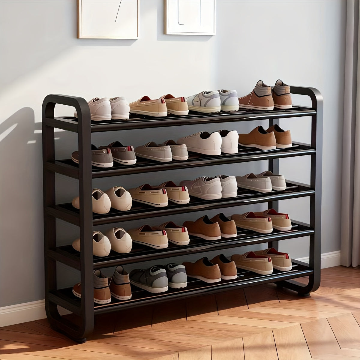 Durable 5-Tier Shoe Rack, Space-Saving Narrow Design, Multi-Layer Iron Craftsmanship Metal and Plastic, No Wood, Floor Mount, Electricity-Free Use, For Entryway and Dorm Storage, Living Room Compatible