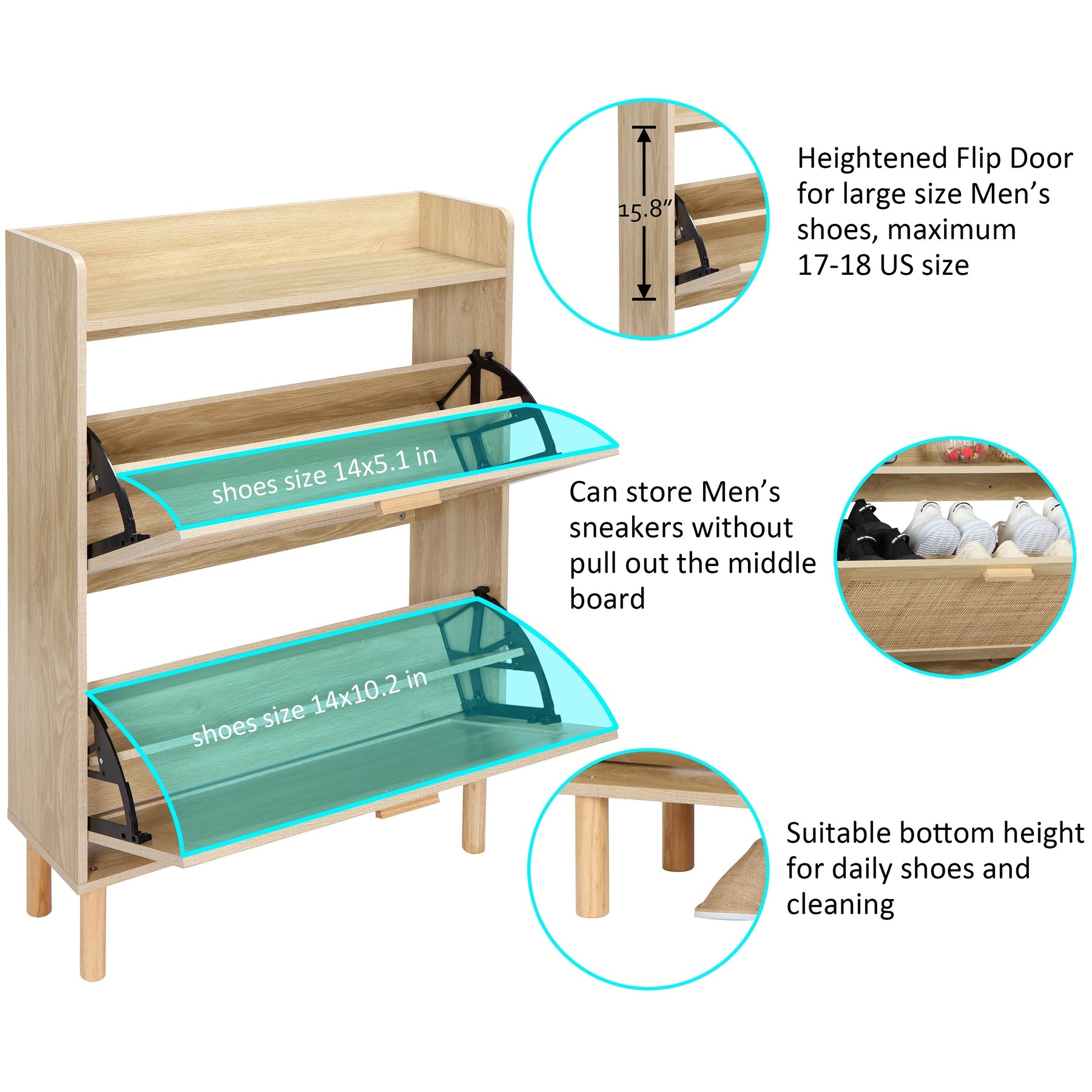 Extended Edition Shoe Cabinet With Natural Rattan Flip Drawers For Entryway, Free Standing 2 Tier Slim Shoe Organizer With Large Top Board, Shoe Cabinet With 3-Gear Adjustable Width Drawers