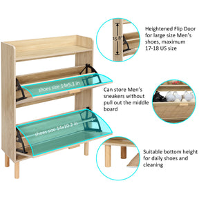 Extended Edition Shoe Cabinet With Natural Rattan Flip Drawers For Entryway, Free Standing 2 Tier Slim Shoe Organizer With Large Top Board, Shoe Cabinet With 3-Gear Adjustable Width Drawers