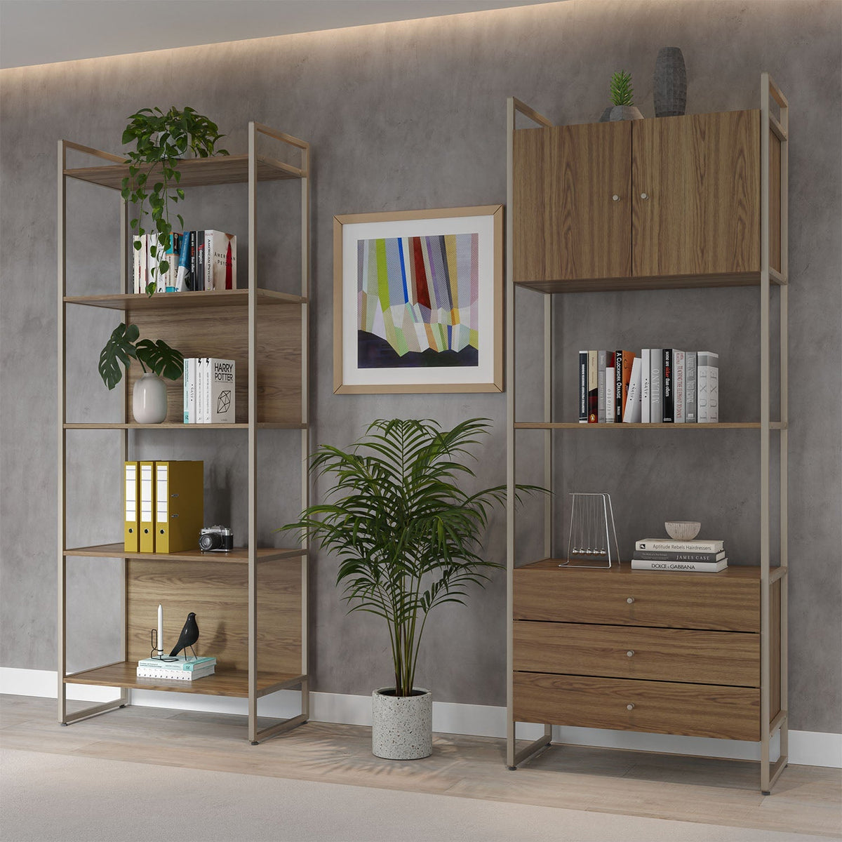 Estante com Prateleira 3 Gavetas 2 Portas MDF com Aço Voss 75 cm - Freijó c/ Champanhe