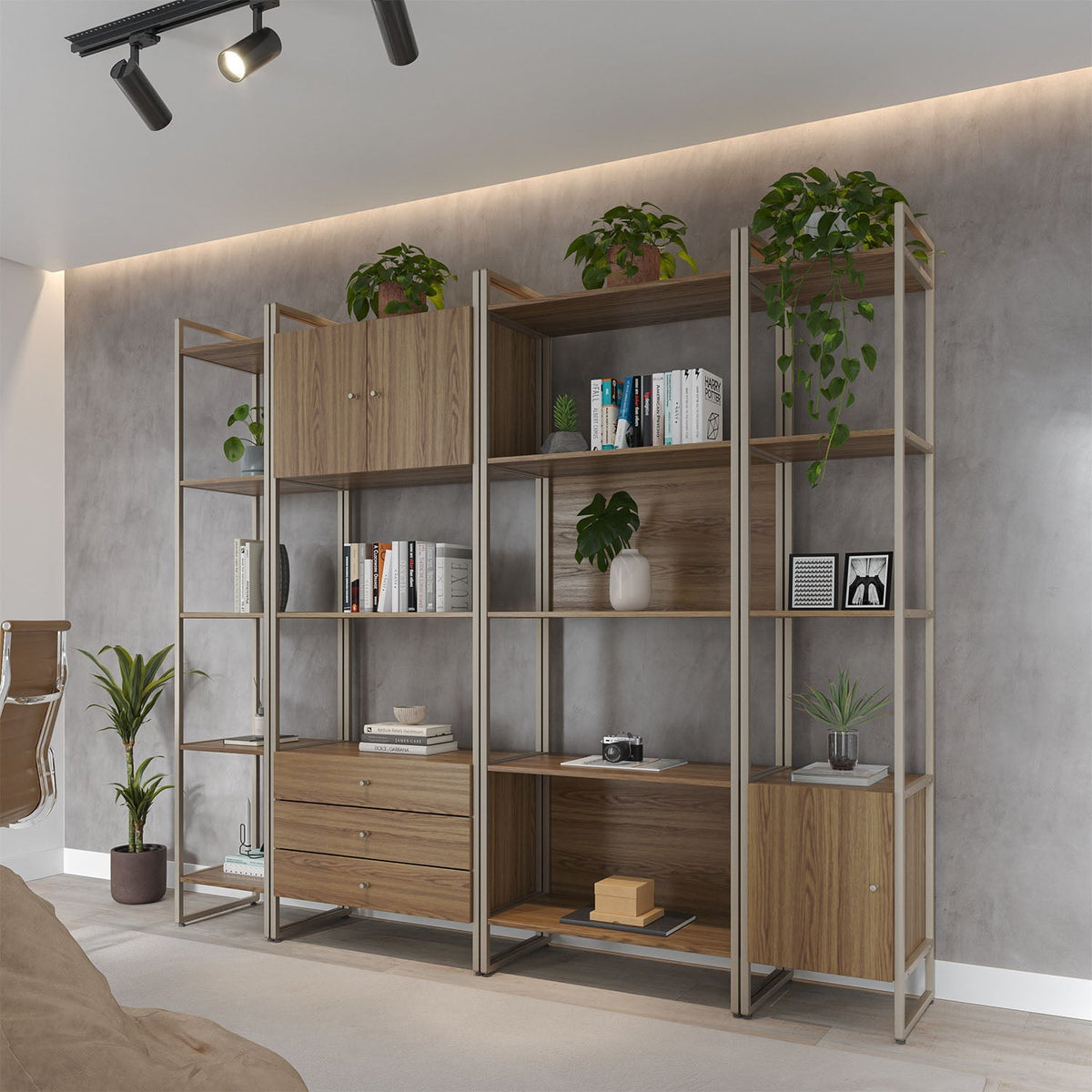 Estante com 5 Prateleiras MDF com Aço Voss 40 cm - Freijó c/ Champanhe