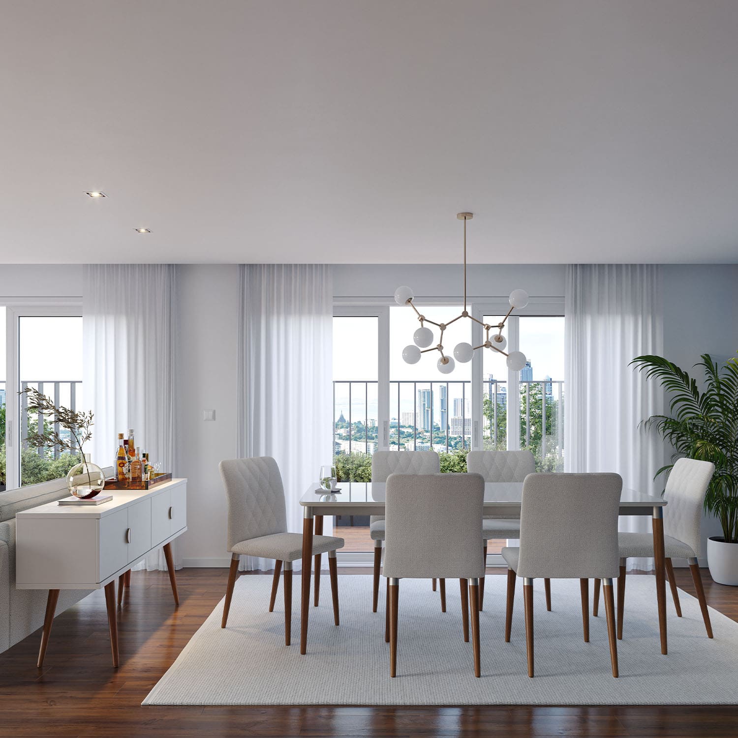 Mesa de Jantar com Vidro Luma 184 cm - Natural c/ Off White Fosco - Champanhe