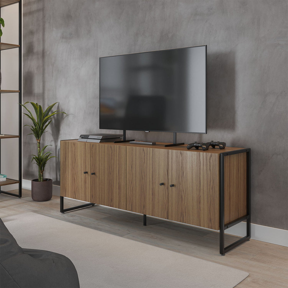 Rack para TV Até 50" 4 Portas Aço com MDF Voss 146 cm - Freijó c/ Preto Fosco