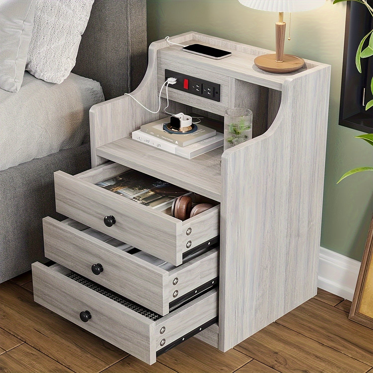 Modern Smart Nightstand with Charging Station (2 USB Ports & Outlets), Low- Compatible, 3-Drawer Hutch Bedside Table with Sliding & Open Storage, Grey -Standing Plug-in Power Outlet Converter for Bedroom/Office