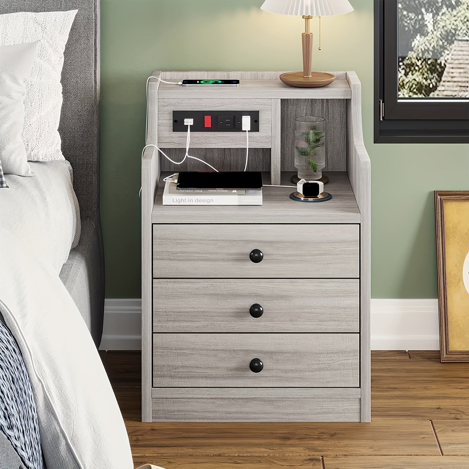 Modern Smart Nightstand with Charging Station (2 USB Ports & Outlets), Low- Compatible, 3-Drawer Hutch Bedside Table with Sliding & Open Storage, Grey -Standing Plug-in Power Outlet Converter for Bedroom/Office